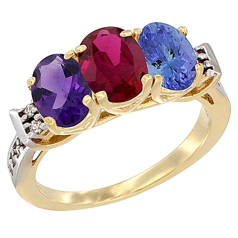 14K Yellow Gold Natural Amethyst, Enhanced Ruby & Natural Tanzanite Ring 3-Stone 7x5 mm Oval Diamond Accent, sizes 5 - 10