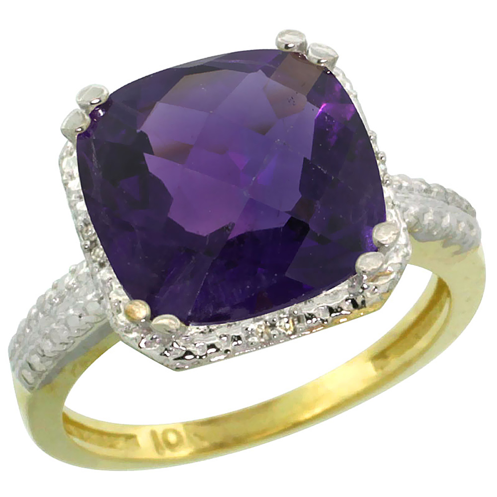 14K Yellow Gold Diamond Natural Amethyst Ring Cushion-cut 11x11mm, sizes 5-10