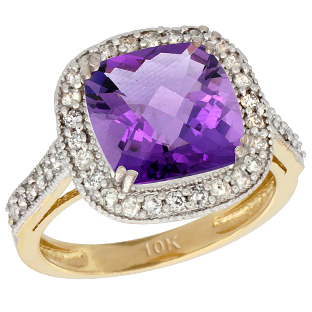 14K Yellow Gold Natural Amethyst Ring Cushion-cut 9x9mm Diamond Halo, sizes 5-10