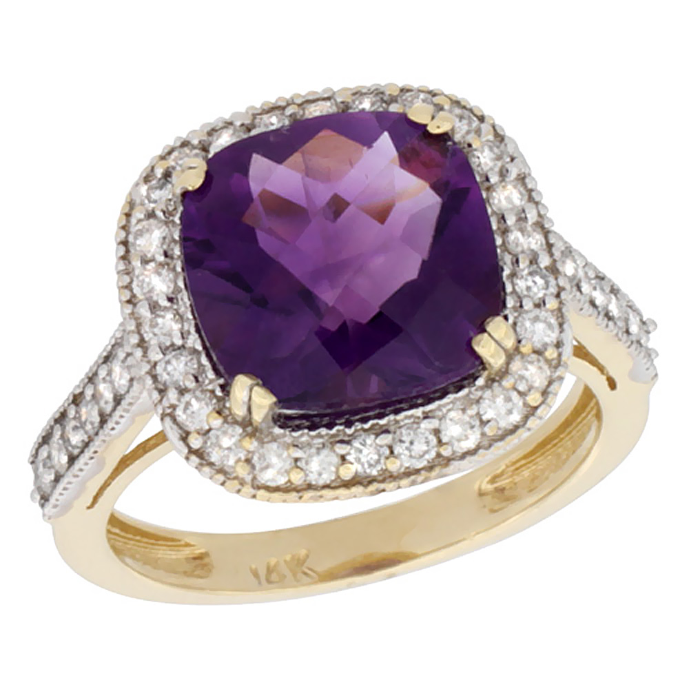 14K Yellow Gold Natural Amethyst Ring Cushion-cut 10x10mm Diamond Halo, sizes 5-10