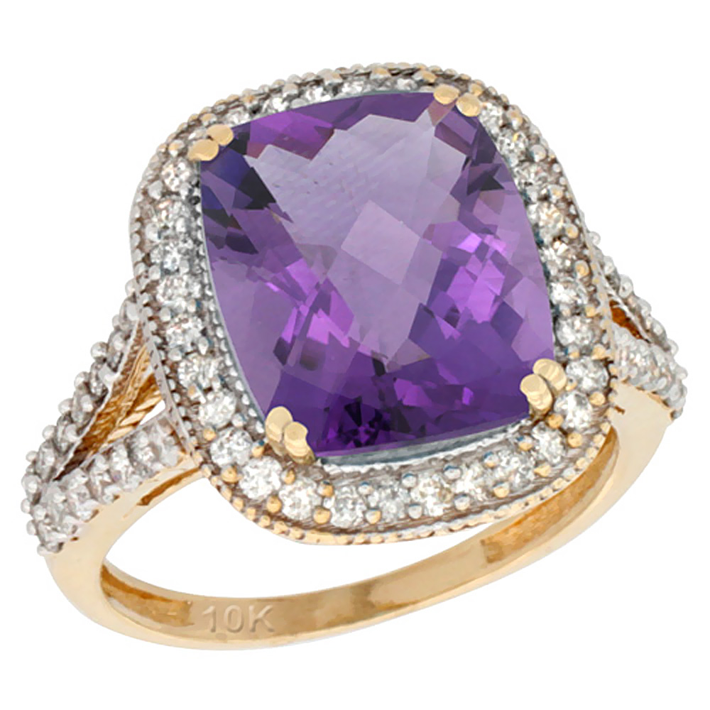 10k Yellow Gold Diamond Halo Genuine Amethyst Ring Cushion-cut 12x10mm sizes 5-10