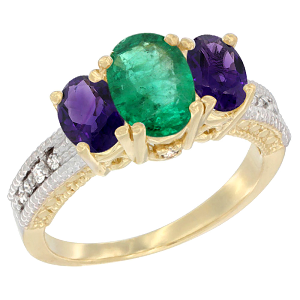 10K Yellow Gold Diamond Natural Emerald Ring Oval 3-stone with Amethyst, sizes 5 - 10