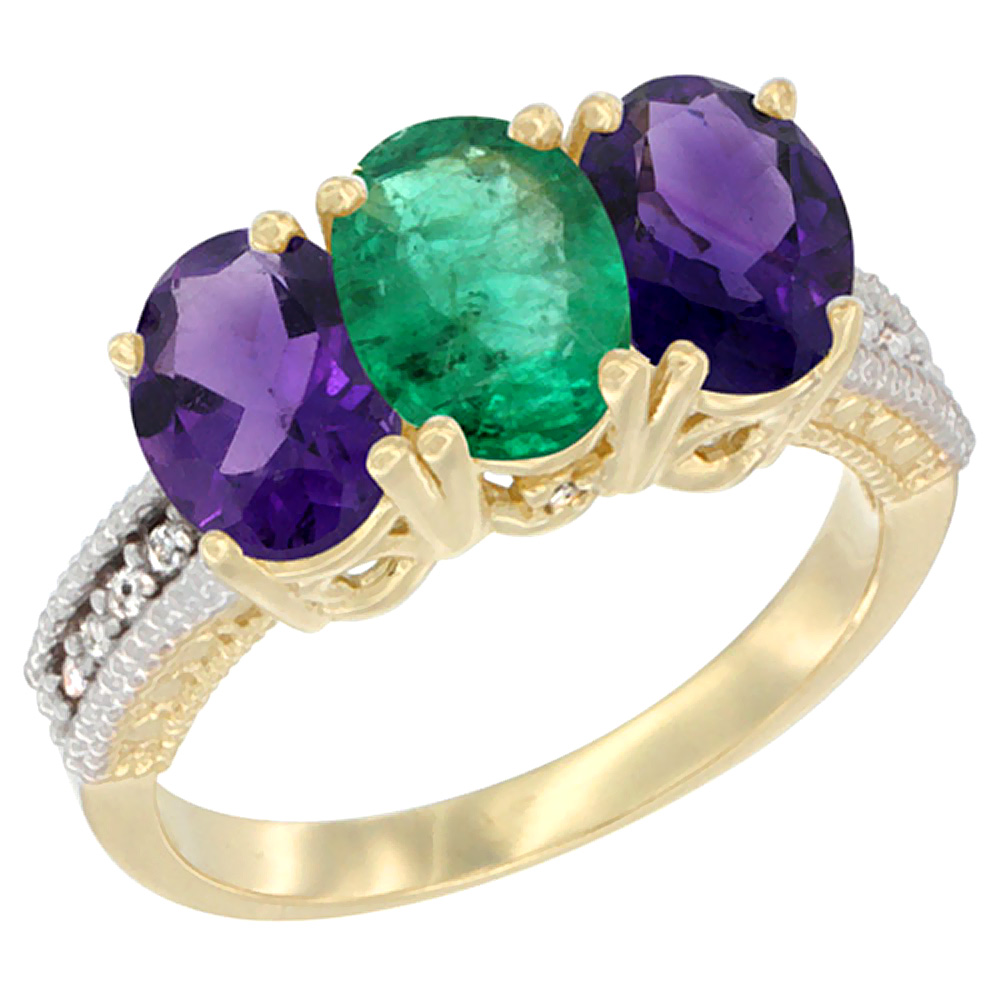 14K Yellow Gold Natural Emerald &amp; Amethyst Ring 3-Stone 7x5 mm Oval Diamond Accent, sizes 5 - 10