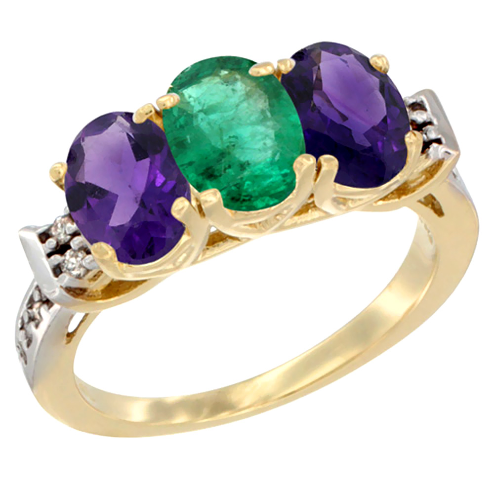 10K Yellow Gold Natural Emerald &amp; Amethyst Sides Ring 3-Stone Oval 7x5 mm Diamond Accent, sizes 5 - 10