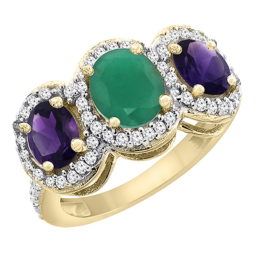 10K Yellow Gold Natural Emerald & Amethyst 3-Stone Ring Oval Diamond Accent, sizes 5 - 10