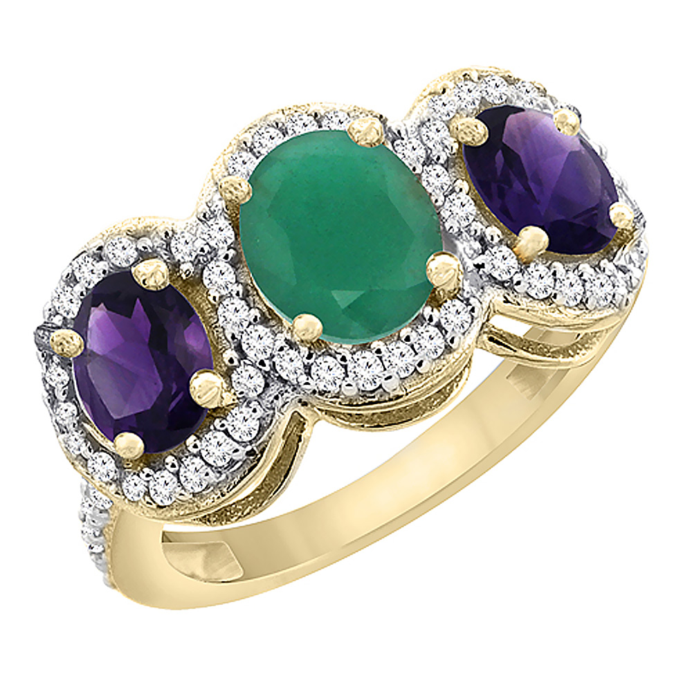 14K Yellow Gold Natural Cabochon Emerald & Amethyst 3-Stone Ring Oval Diamond Accent, sizes 5 - 10