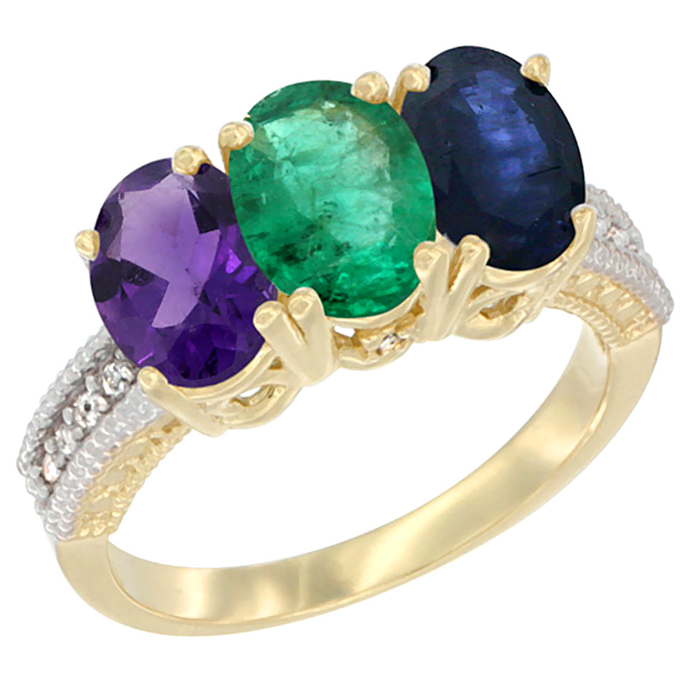 14K Yellow Gold Natural Amethyst, Emerald &amp; Blue Sapphire Ring 3-Stone 7x5 mm Oval Diamond Accent, sizes 5 - 10