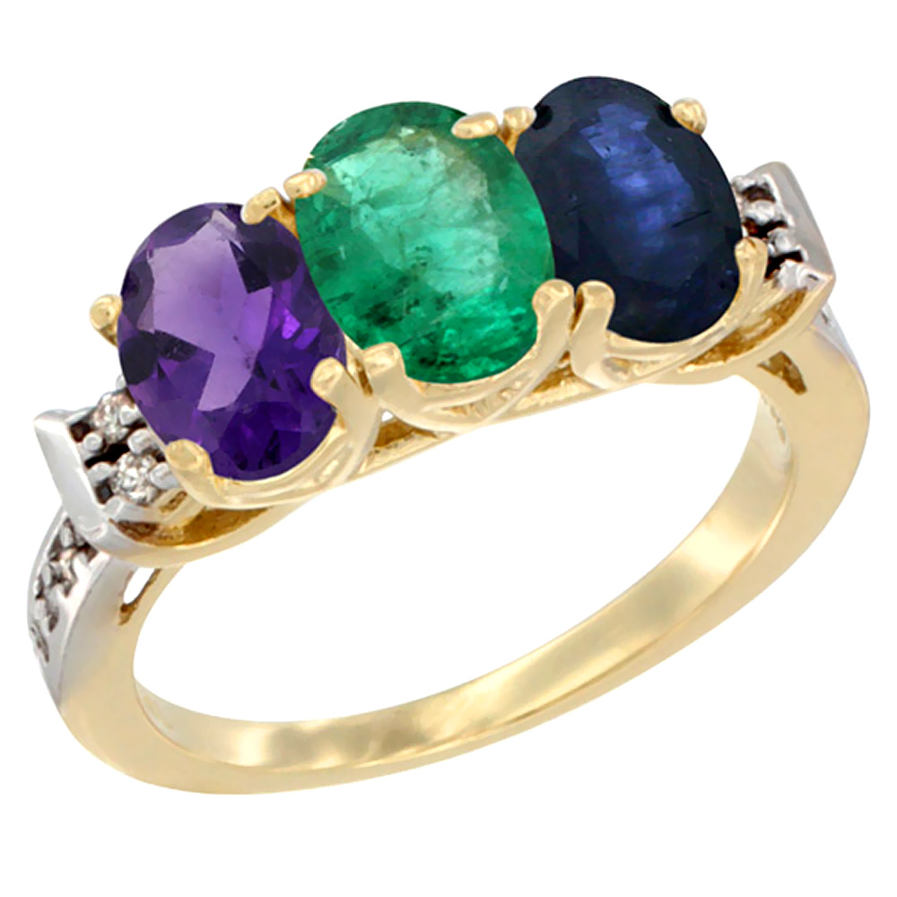 14K Yellow Gold Natural Amethyst, Emerald &amp; Blue Sapphire Ring 3-Stone 7x5 mm Oval Diamond Accent, sizes 5 - 10