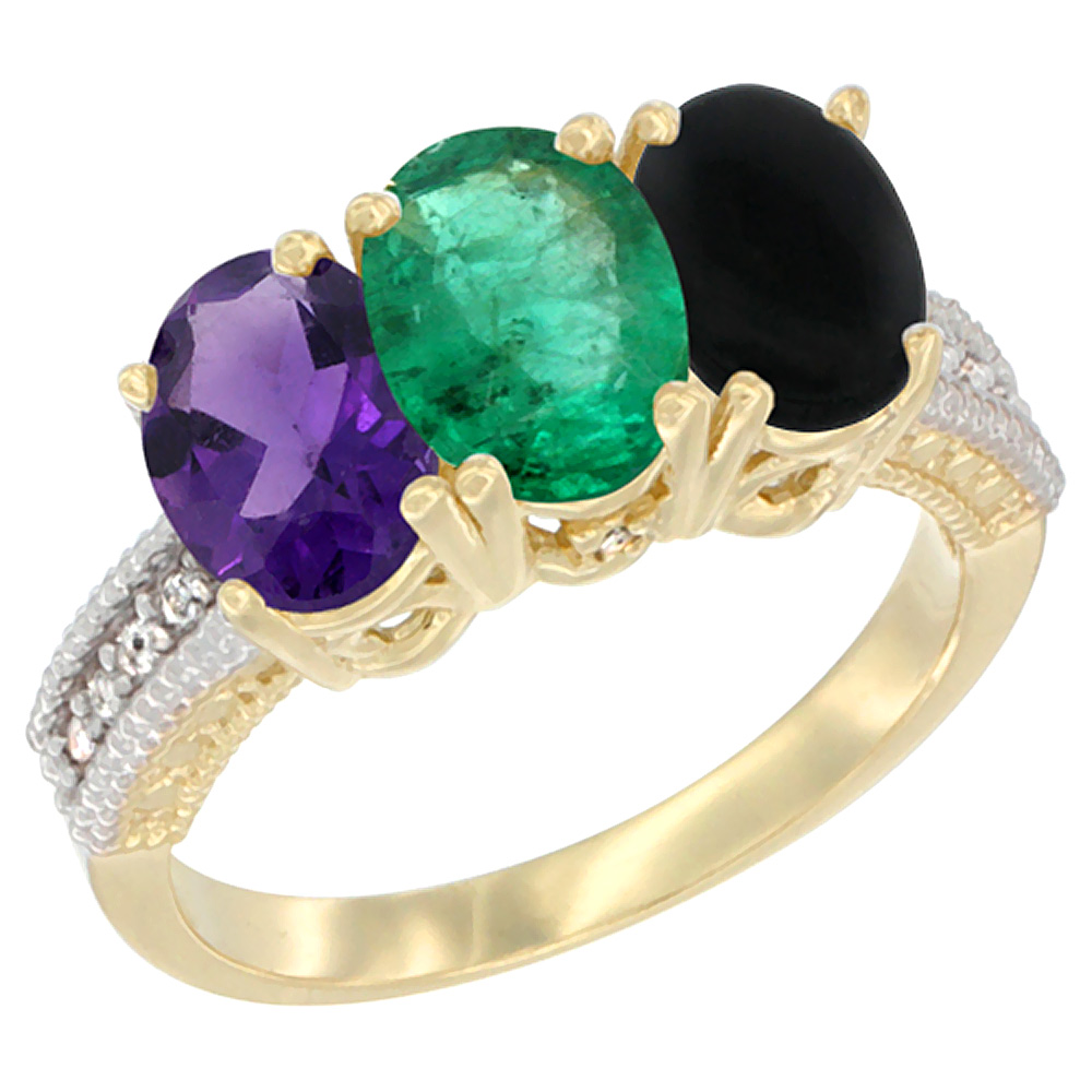 14K Yellow Gold Natural Amethyst, Emerald & Black Onyx Ring 3-Stone 7x5 mm Oval Diamond Accent, sizes 5 - 10