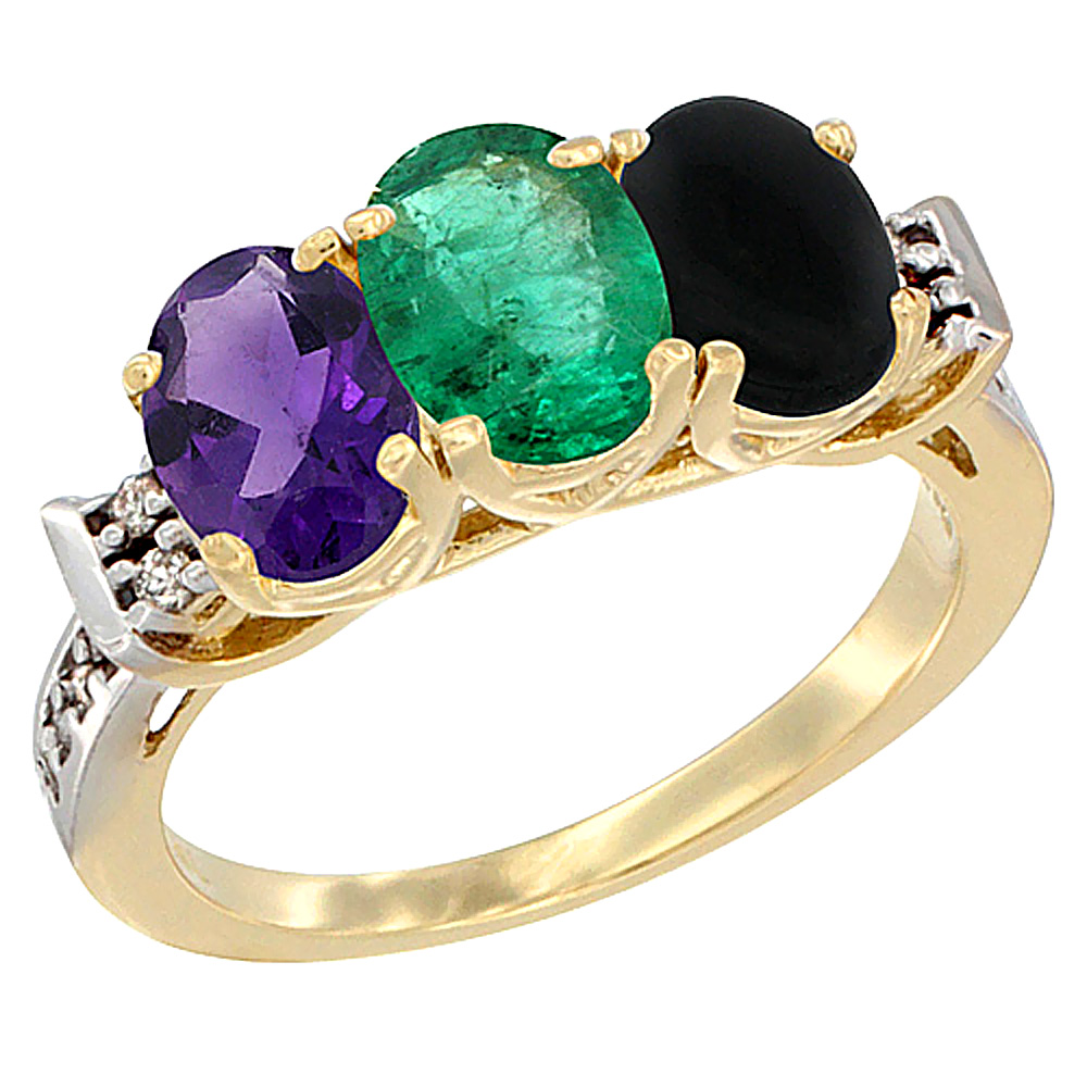 10K Yellow Gold Natural Amethyst, Emerald &amp; Black Onyx Ring 3-Stone Oval 7x5 mm Diamond Accent, sizes 5 - 10