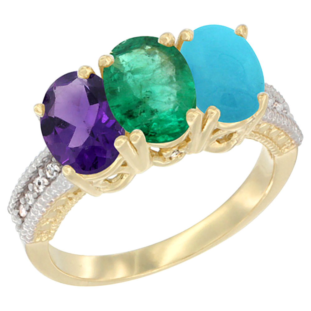 14K Yellow Gold Natural Amethyst, Emerald &amp; Turquoise Ring 3-Stone 7x5 mm Oval Diamond Accent, sizes 5 - 10