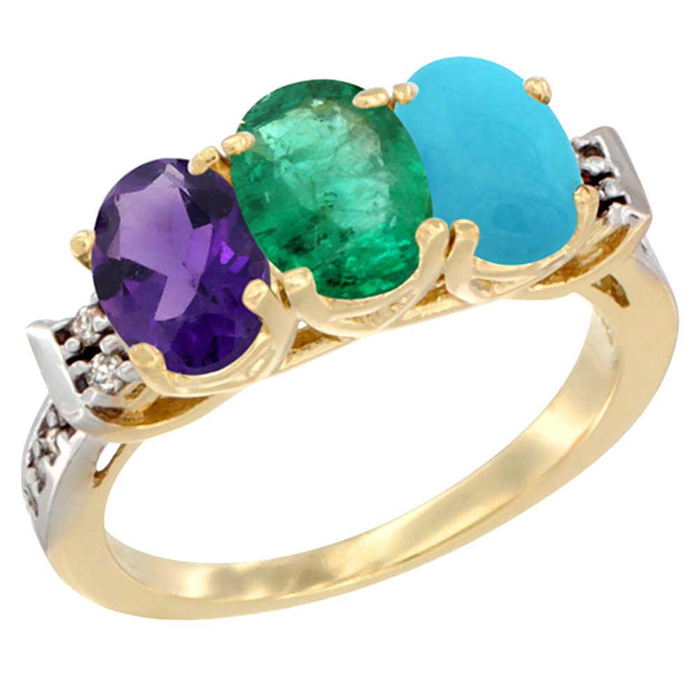 14K Yellow Gold Natural Amethyst, Emerald & Turquoise Ring 3-Stone 7x5 mm Oval Diamond Accent, sizes 5 - 10