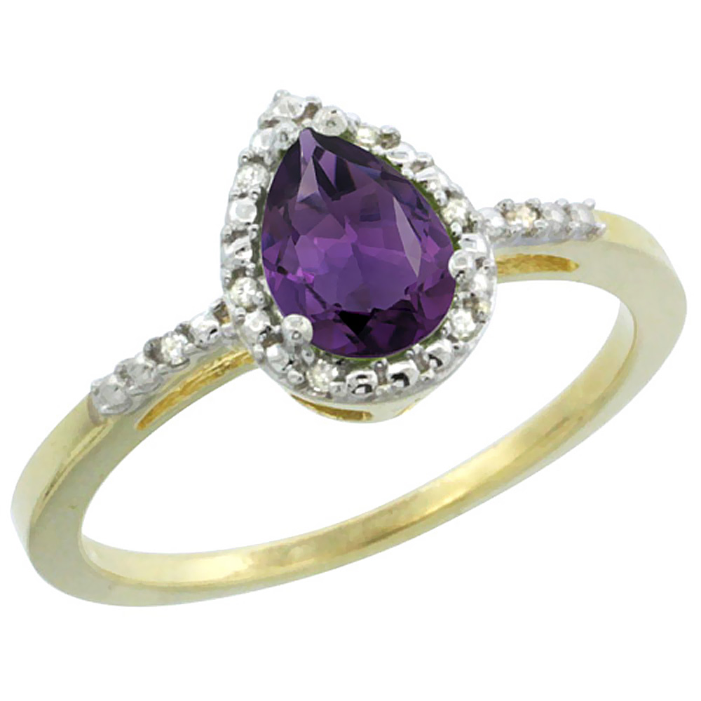 14K Yellow Gold Diamond Natural Amethyst Ring Pear 7x5mm, sizes 5-10