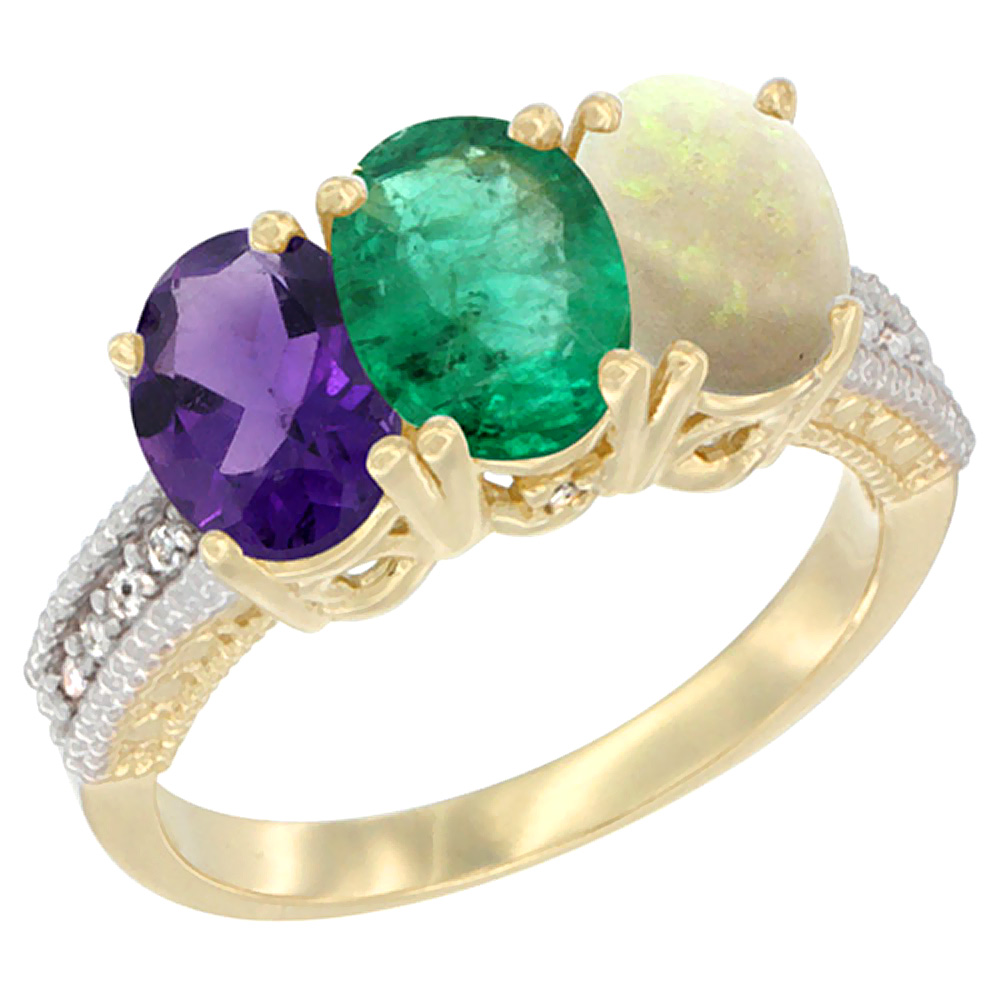 14K Yellow Gold Natural Amethyst, Emerald &amp; Opal Ring 3-Stone 7x5 mm Oval Diamond Accent, sizes 5 - 10