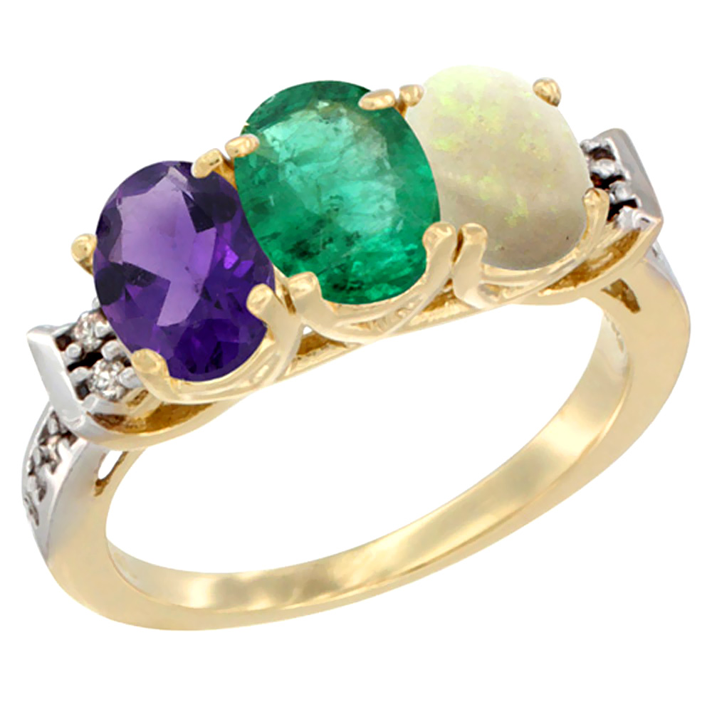 14K Yellow Gold Natural Amethyst, Emerald &amp; Opal Ring 3-Stone 7x5 mm Oval Diamond Accent, sizes 5 - 10