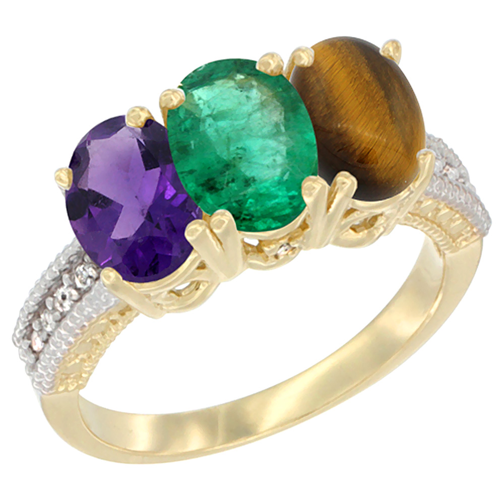 14K Yellow Gold Natural Amethyst, Emerald &amp; Tiger Eye Ring 3-Stone 7x5 mm Oval Diamond Accent, sizes 5 - 10