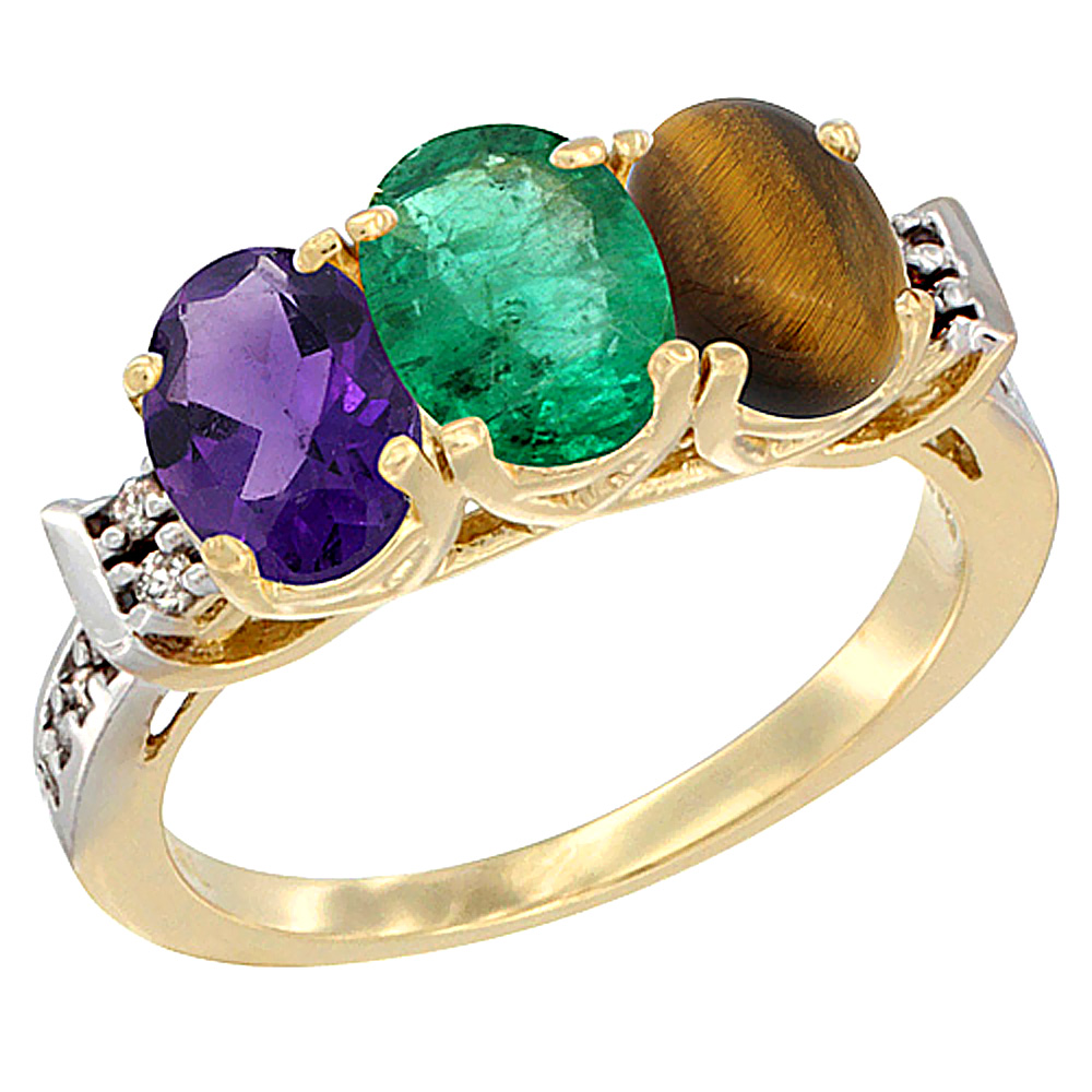 14K Yellow Gold Natural Amethyst, Emerald &amp; Tiger Eye Ring 3-Stone 7x5 mm Oval Diamond Accent, sizes 5 - 10