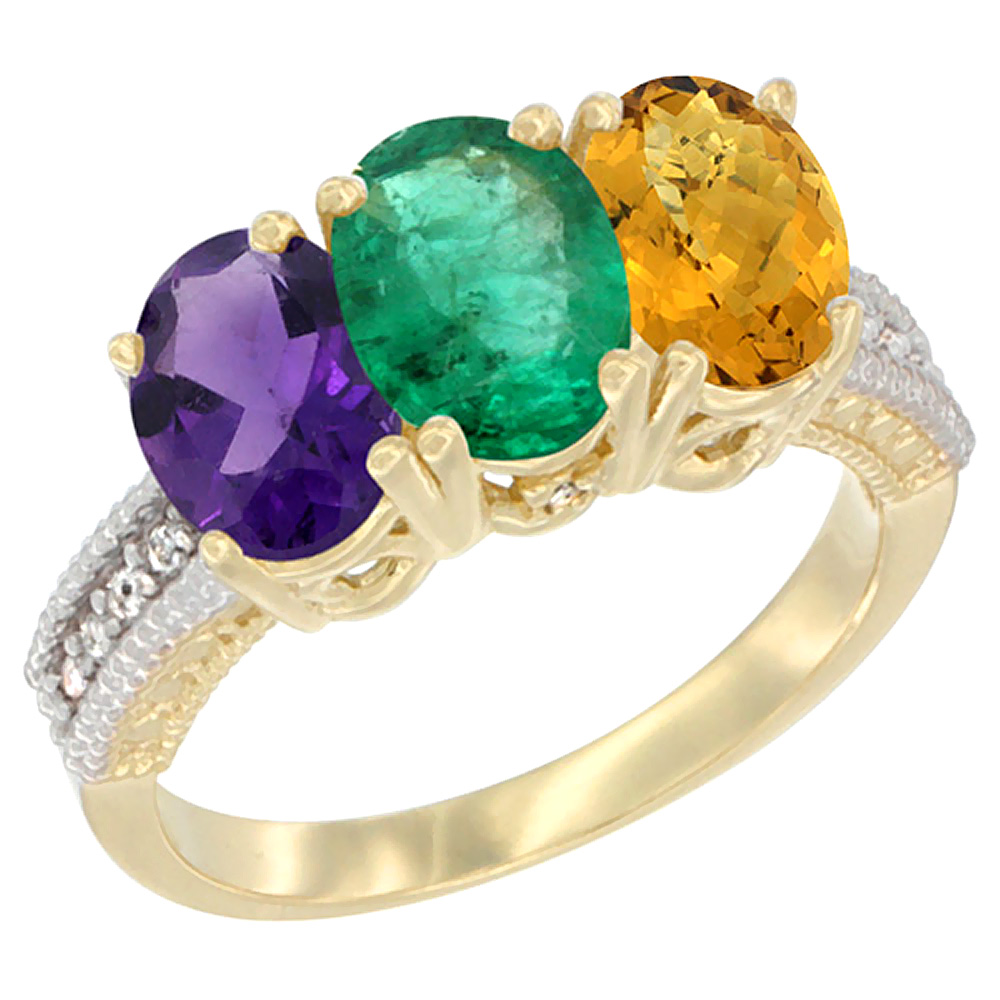 14K Yellow Gold Natural Amethyst, Emerald & Whisky Quartz Ring 3-Stone 7x5 mm Oval Diamond Accent, sizes 5 - 10