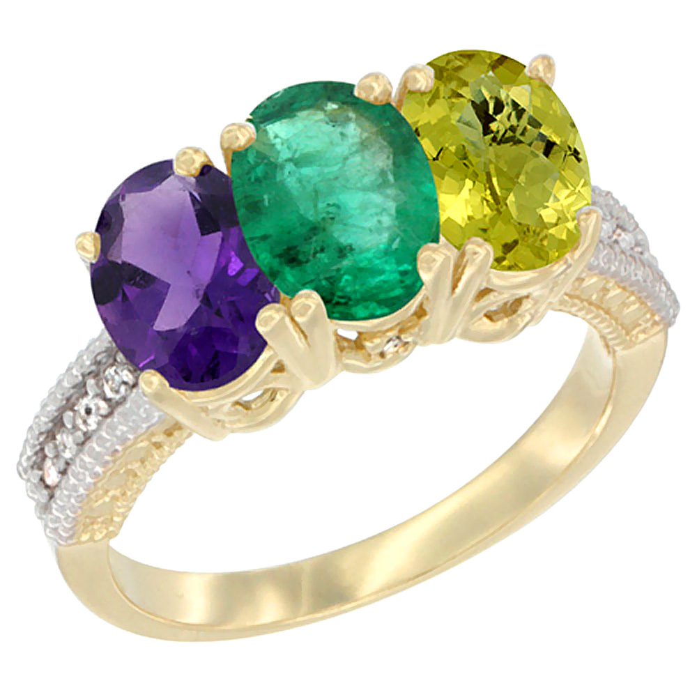 10K Yellow Gold Diamond Natural Amethyst, Emerald & Lemon Quartz Ring Oval 3-Stone 7x5 mm,sizes 5-10