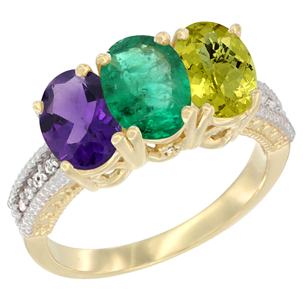 14K Yellow Gold Natural Amethyst, Emerald &amp; Lemon Quartz Ring 3-Stone 7x5 mm Oval Diamond Accent, sizes 5 - 10