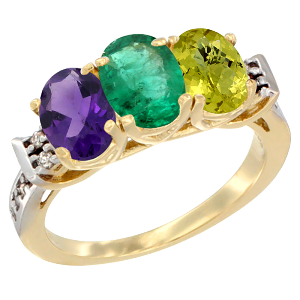 14K Yellow Gold Natural Amethyst, Emerald & Lemon Quartz Ring 3-Stone 7x5 mm Oval Diamond Accent, sizes 5 - 10