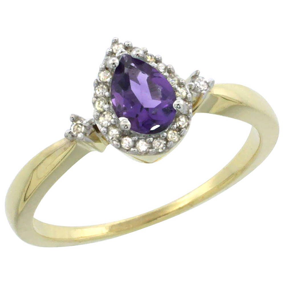 14K Yellow Gold Diamond Natural Amethyst Ring Pear 6x4mm, sizes 5-10