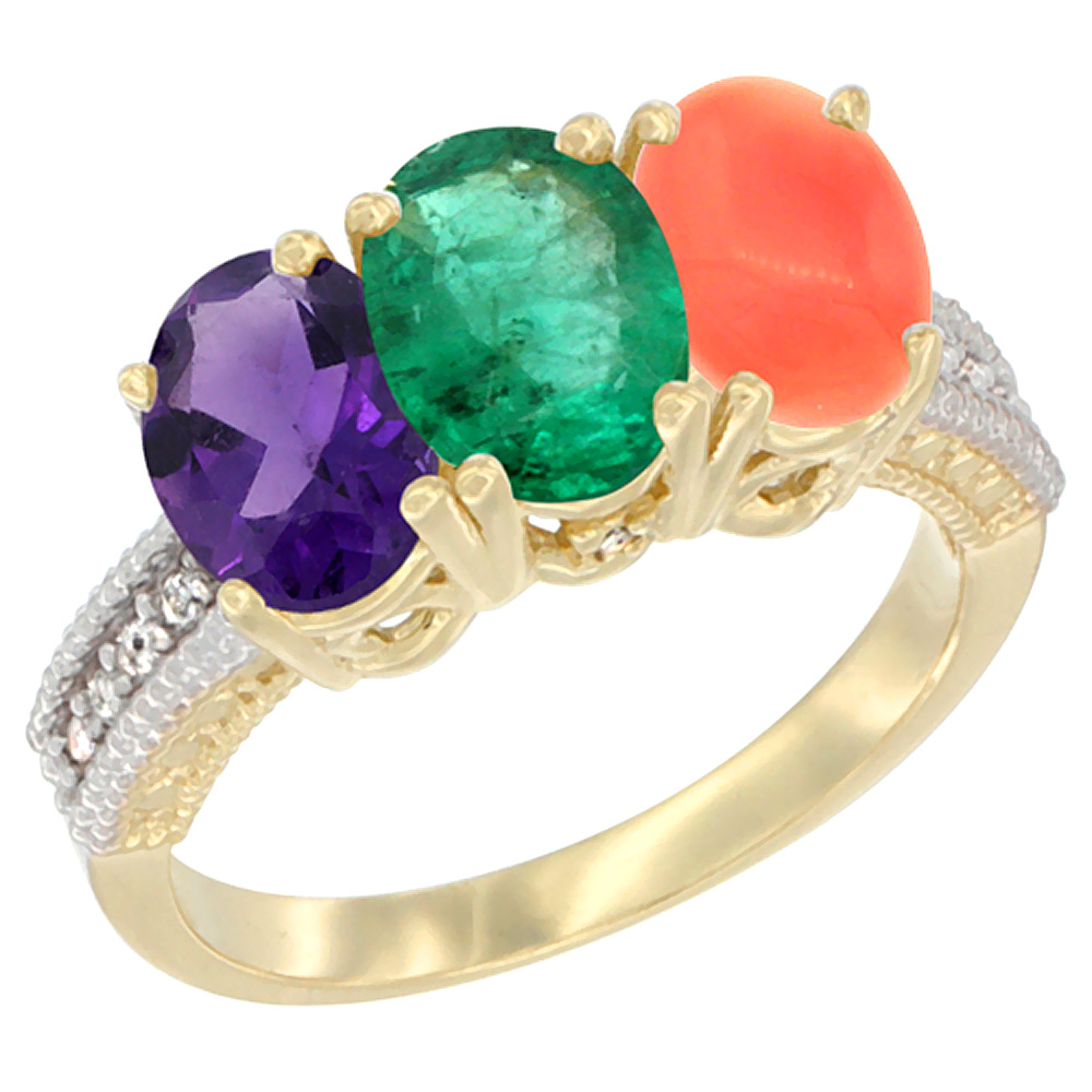 14K Yellow Gold Natural Amethyst, Emerald & Coral Ring 3-Stone 7x5 mm Oval Diamond Accent, sizes 5 - 10