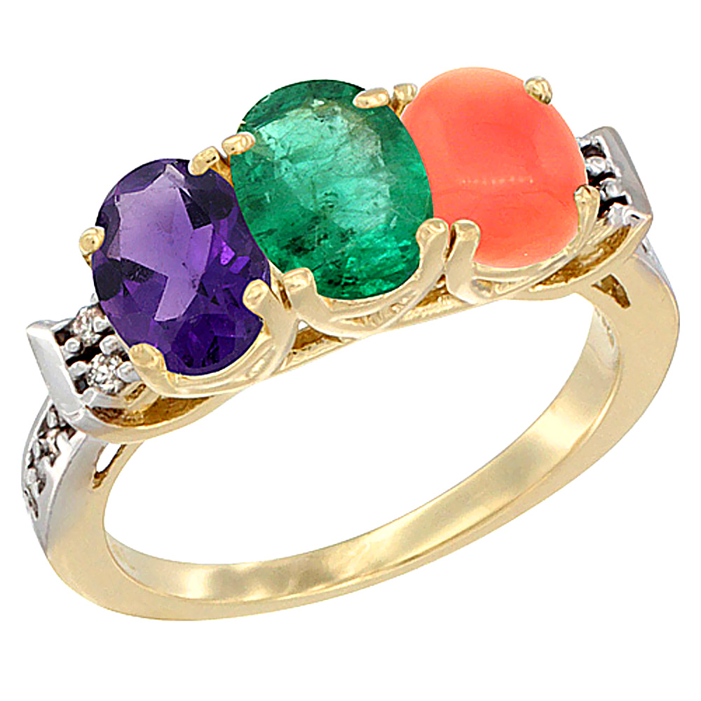 10K Yellow Gold Natural Amethyst, Emerald &amp; Coral Ring 3-Stone Oval 7x5 mm Diamond Accent, sizes 5 - 10