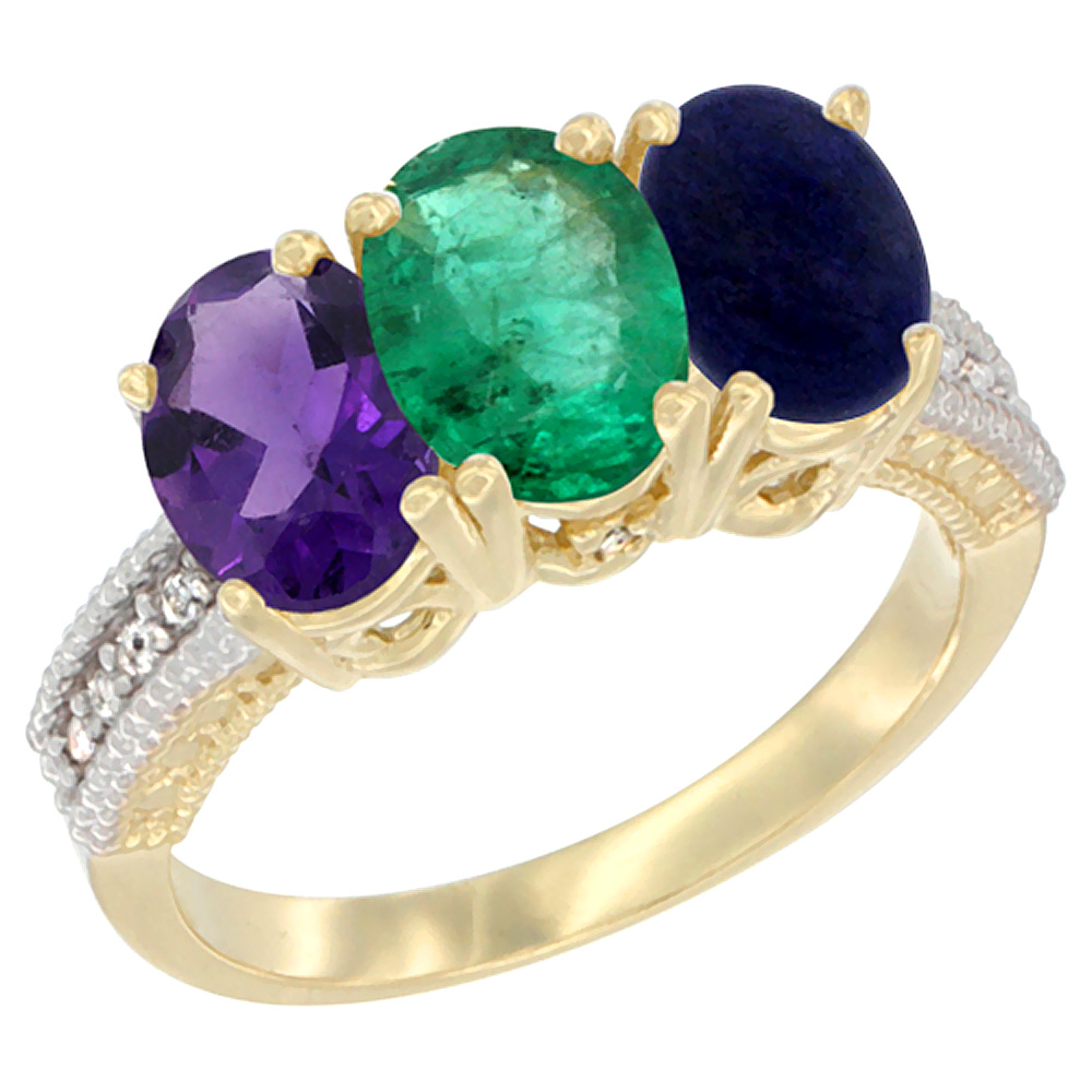 14K Yellow Gold Natural Amethyst, Emerald &amp; Lapis Ring 3-Stone 7x5 mm Oval Diamond Accent, sizes 5 - 10