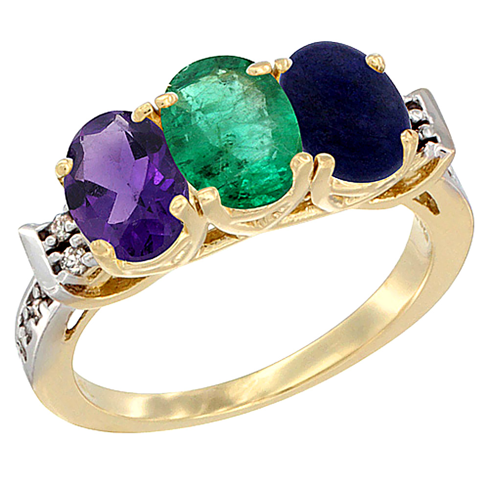 10K Yellow Gold Natural Amethyst, Emerald & Lapis Ring 3-Stone Oval 7x5 mm Diamond Accent, sizes 5 - 10