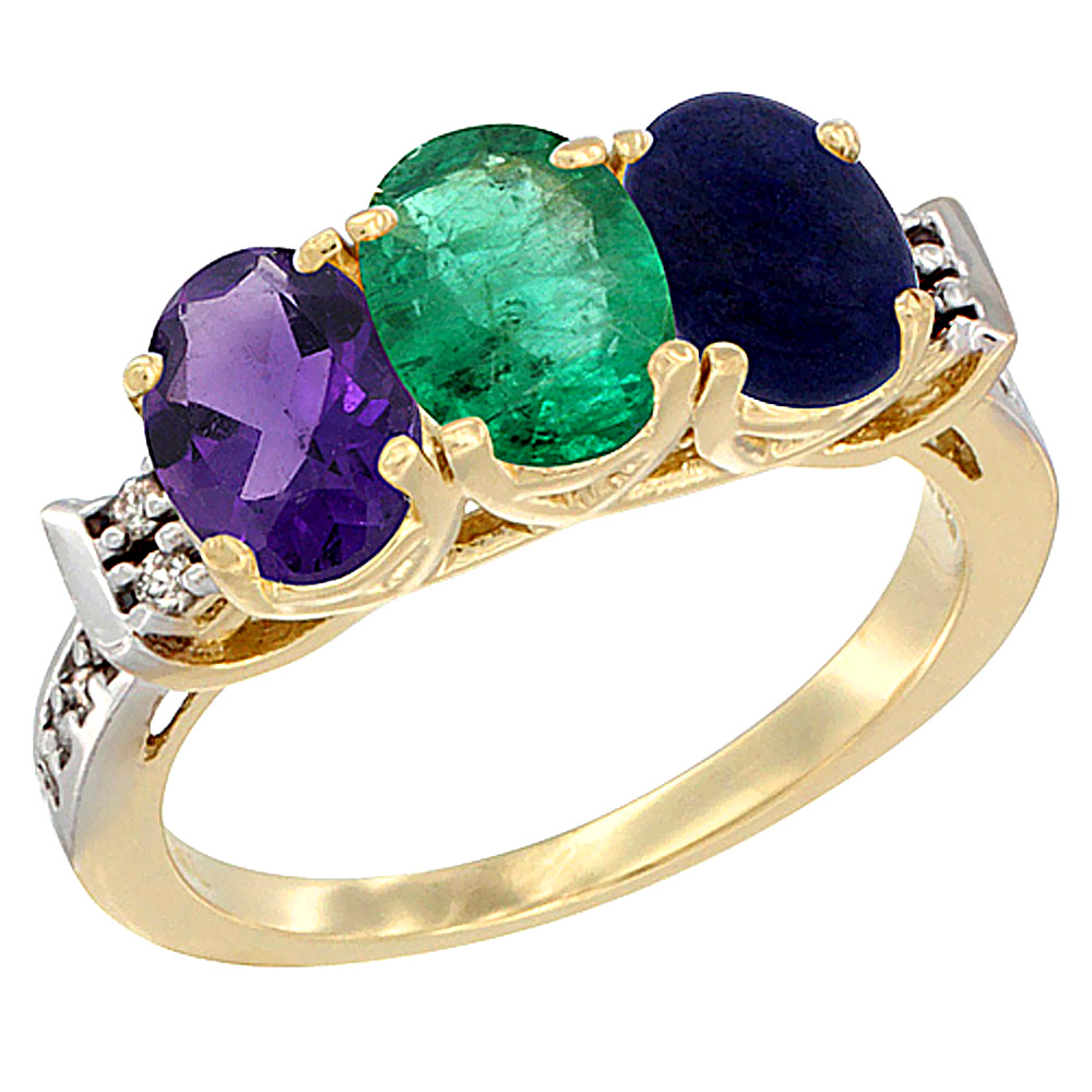 14K Yellow Gold Natural Amethyst, Emerald & Lapis Ring 3-Stone 7x5 mm Oval Diamond Accent, sizes 5 - 10