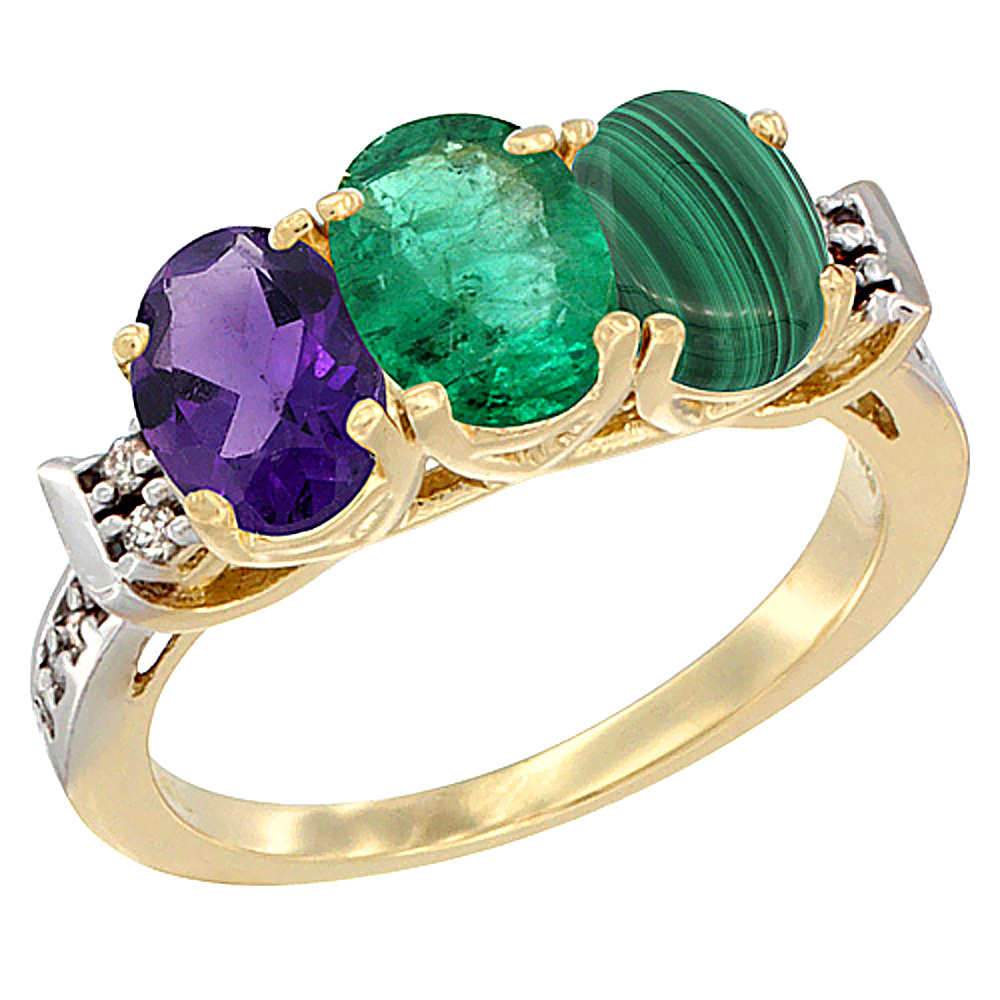 10K Yellow Gold Natural Amethyst, Emerald & Malachite Ring 3-Stone Oval 7x5 mm Diamond Accent, sizes 5 - 10