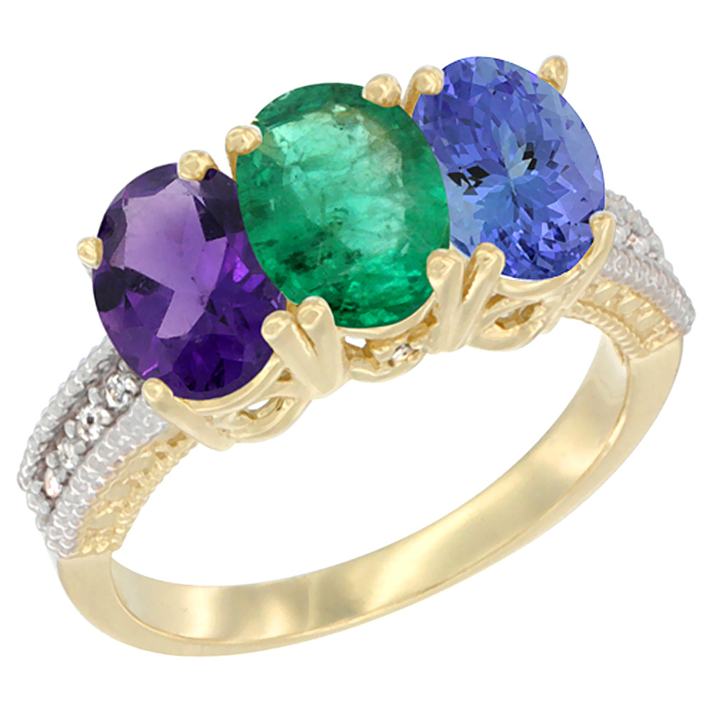 14K Yellow Gold Natural Amethyst, Emerald & Tanzanite Ring 3-Stone 7x5 mm Oval Diamond Accent, sizes 5 - 10