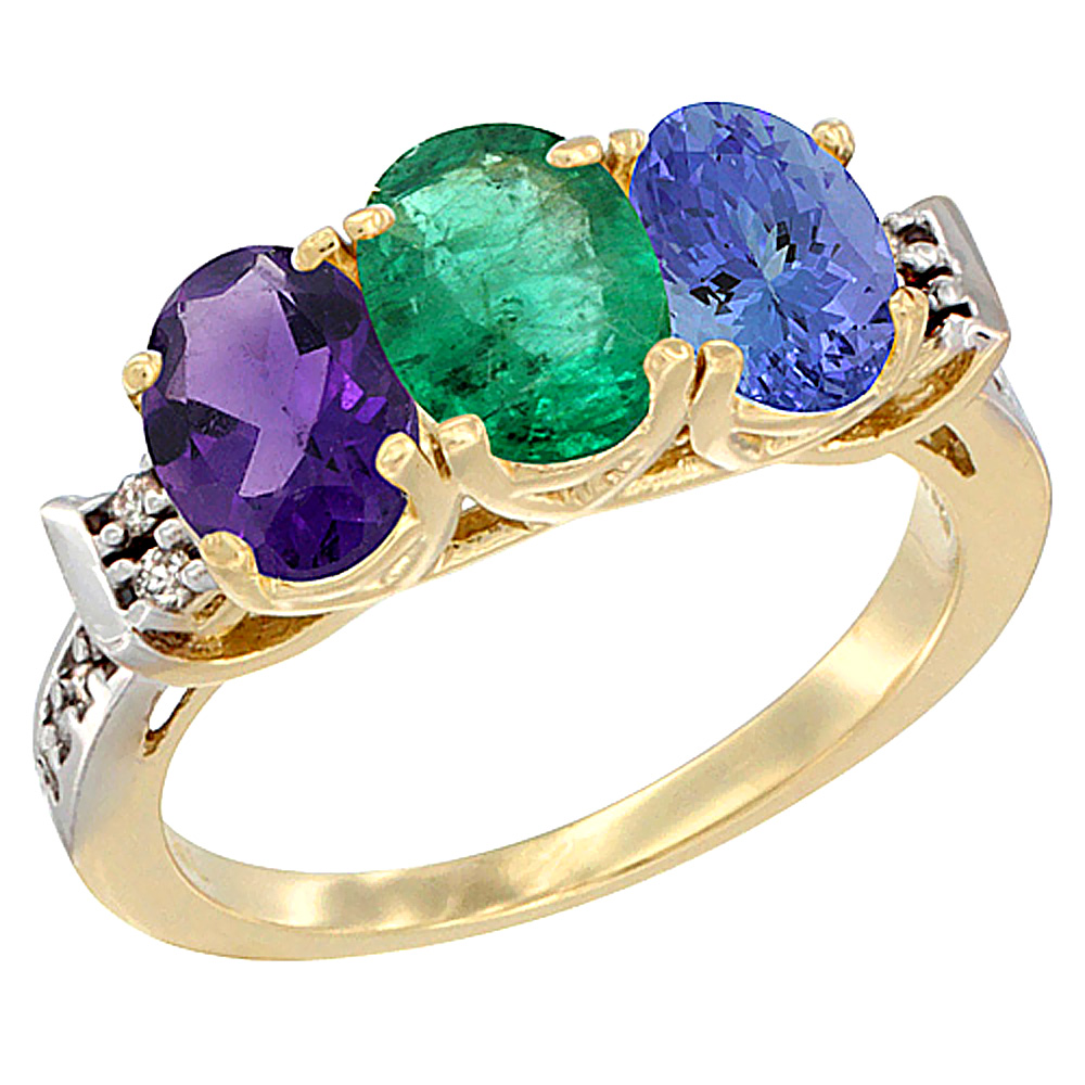 14K Yellow Gold Natural Amethyst, Emerald & Tanzanite Ring 3-Stone 7x5 mm Oval Diamond Accent, sizes 5 - 10