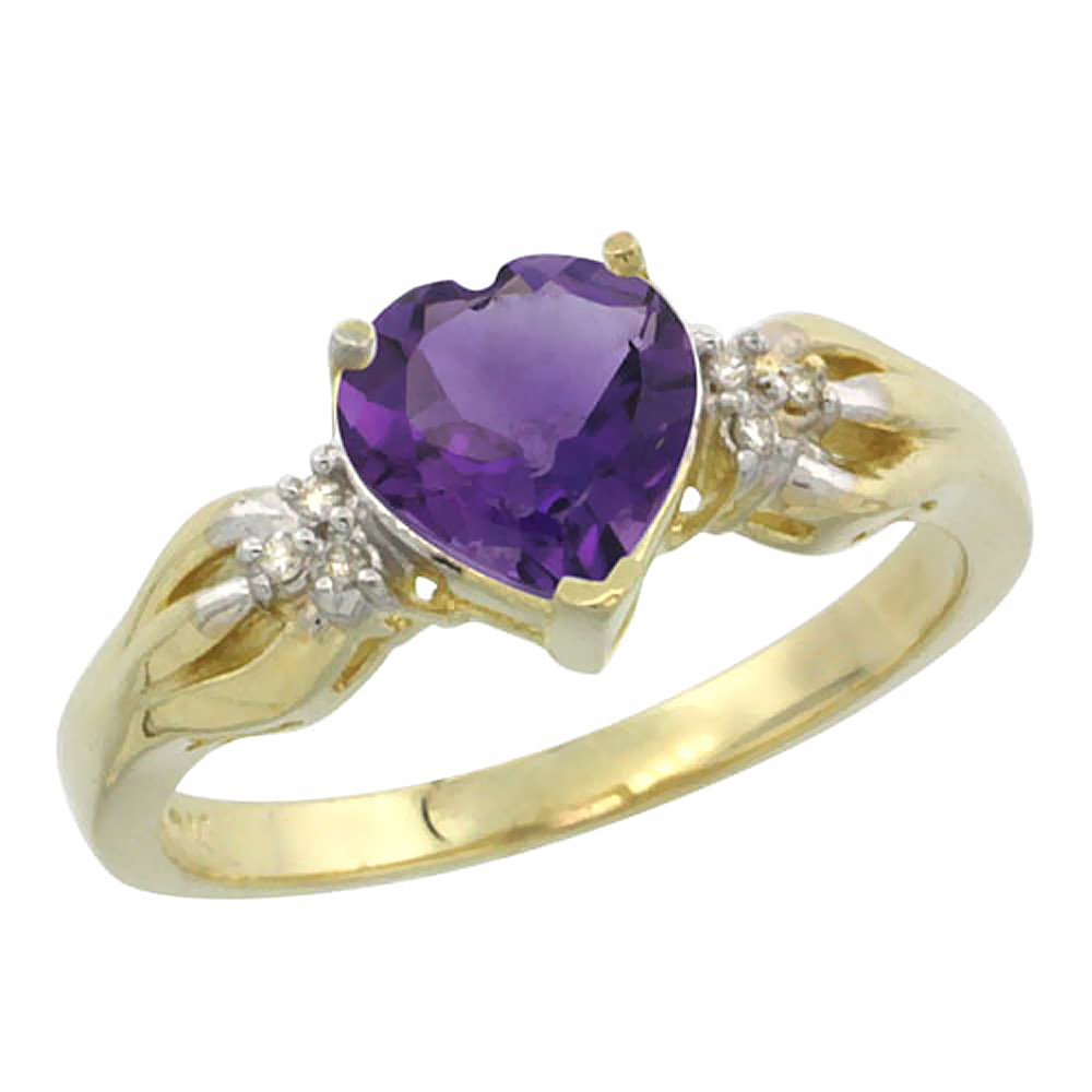 10K Yellow Gold Genuine Amethyst Ring Heart-shape 7x7mm Diamond Accent sizes 5-10