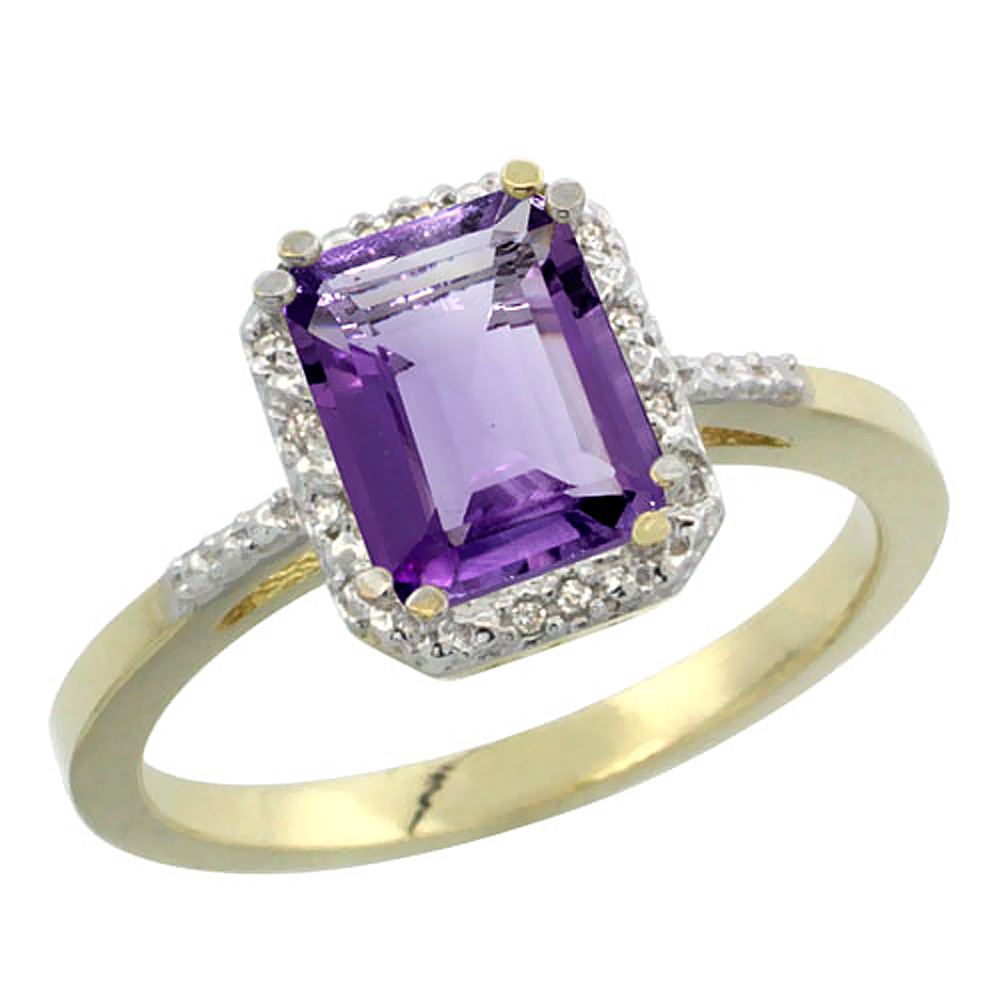 10K Yellow Gold Genuine Amethyst Ring Emerald-shape 8x6mm Diamond Accent sizes 5-10