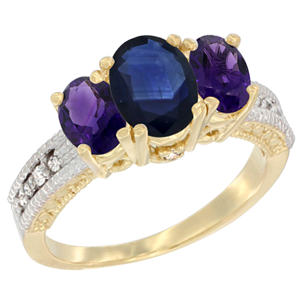 10K Yellow Gold Diamond Natural Blue Sapphire Ring Oval 3-stone with Amethyst, sizes 5 - 10