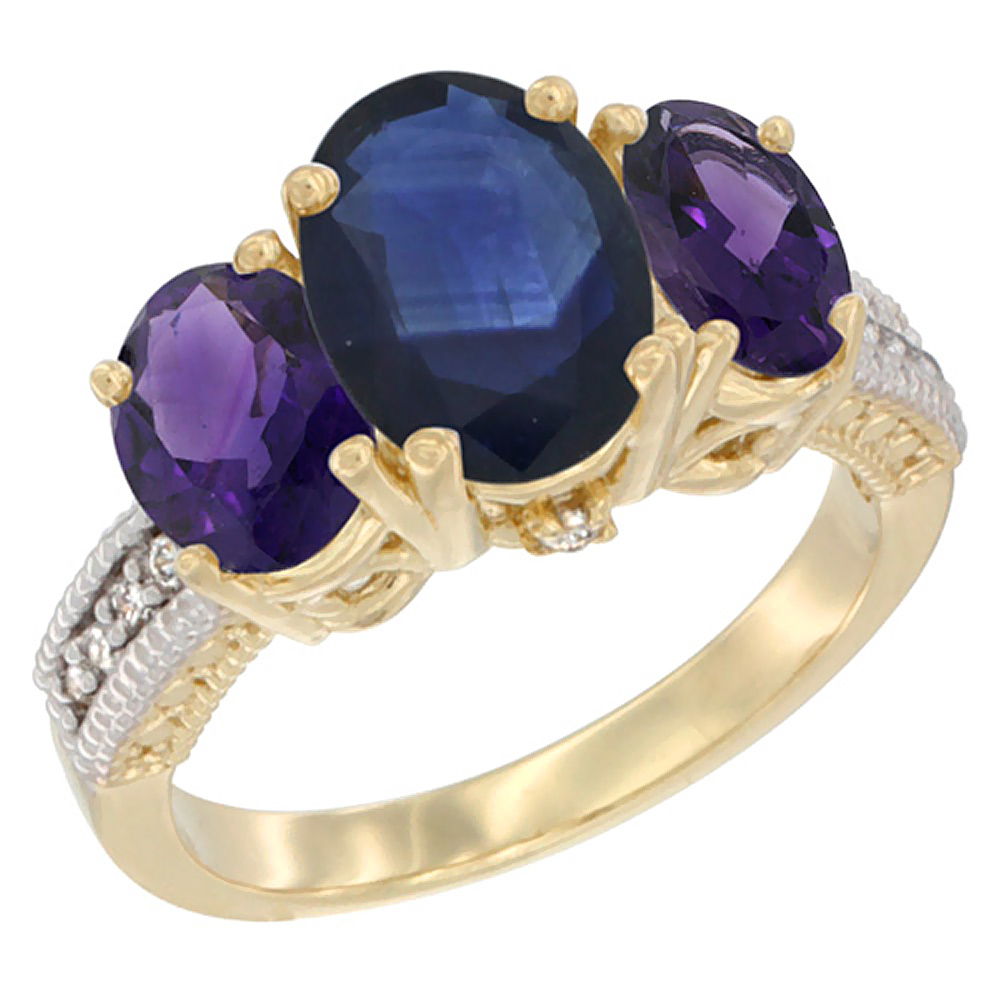 14K Yellow Gold Diamond Natural Blue Sapphire Ring 3-Stone Oval 8x6mm with Amethyst, sizes5-10