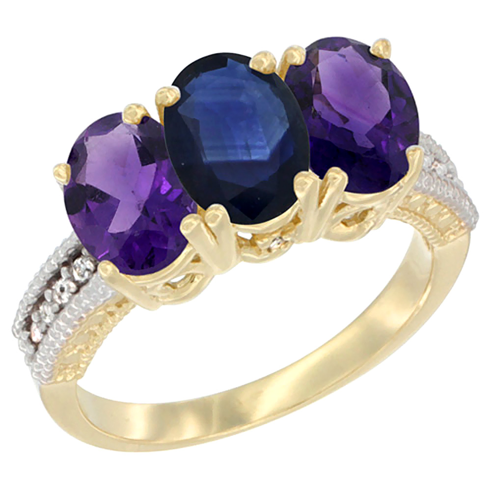 14K Yellow Gold Natural Blue Sapphire & Amethyst Ring 3-Stone 7x5 mm Oval Diamond Accent, sizes 5 - 10