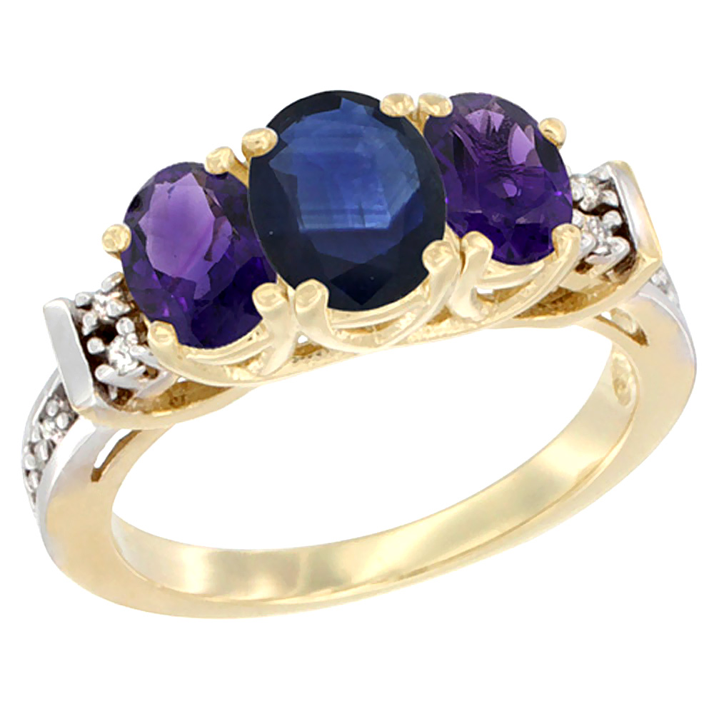 10K Yellow Gold Natural Blue Sapphire & Amethyst Ring 3-Stone Oval Diamond Accent