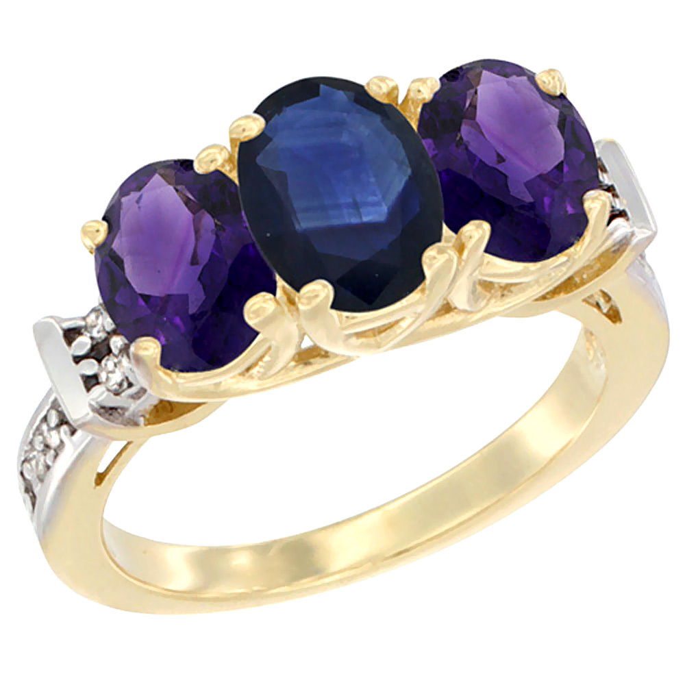 14K Yellow Gold Natural Blue Sapphire & Amethyst Sides Ring 3-Stone Oval Diamond Accent, sizes 5 - 10