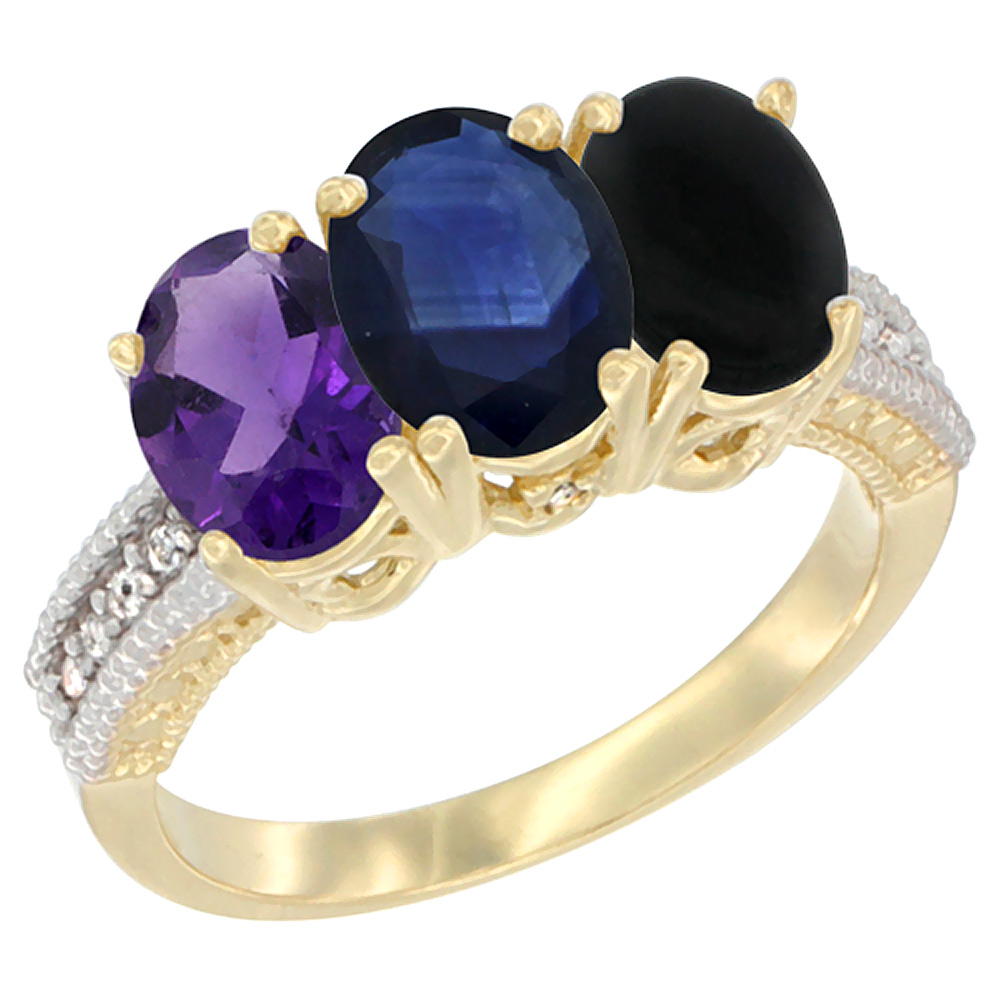 14K Yellow Gold Natural Amethyst, Blue Sapphire & Black Onyx Ring 3-Stone 7x5 mm Oval Diamond Accent, sizes 5 - 10