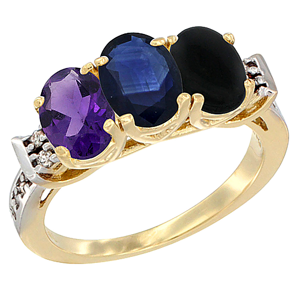 14K Yellow Gold Natural Amethyst, Blue Sapphire & Black Onyx Ring 3-Stone 7x5 mm Oval Diamond Accent, sizes 5 - 10