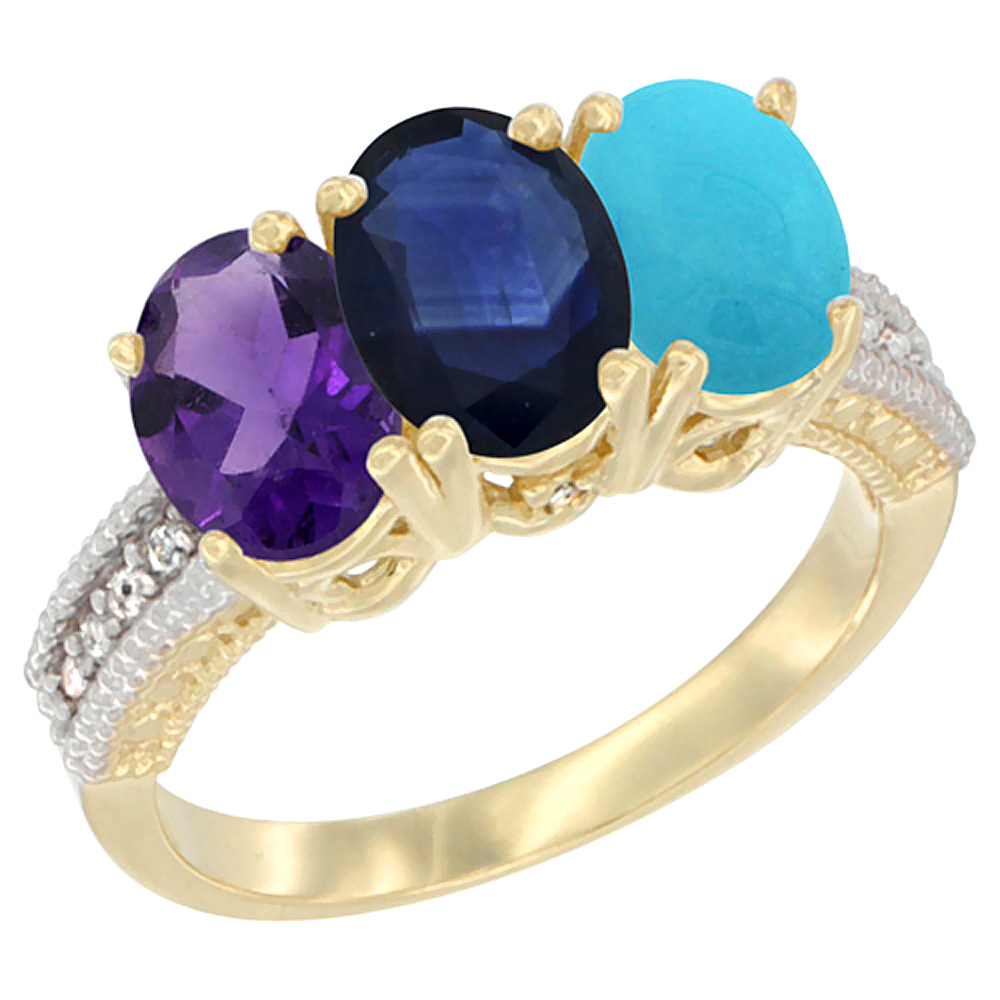 14K Yellow Gold Natural Amethyst, Blue Sapphire &amp; Turquoise Ring 3-Stone 7x5 mm Oval Diamond Accent, sizes 5 - 10