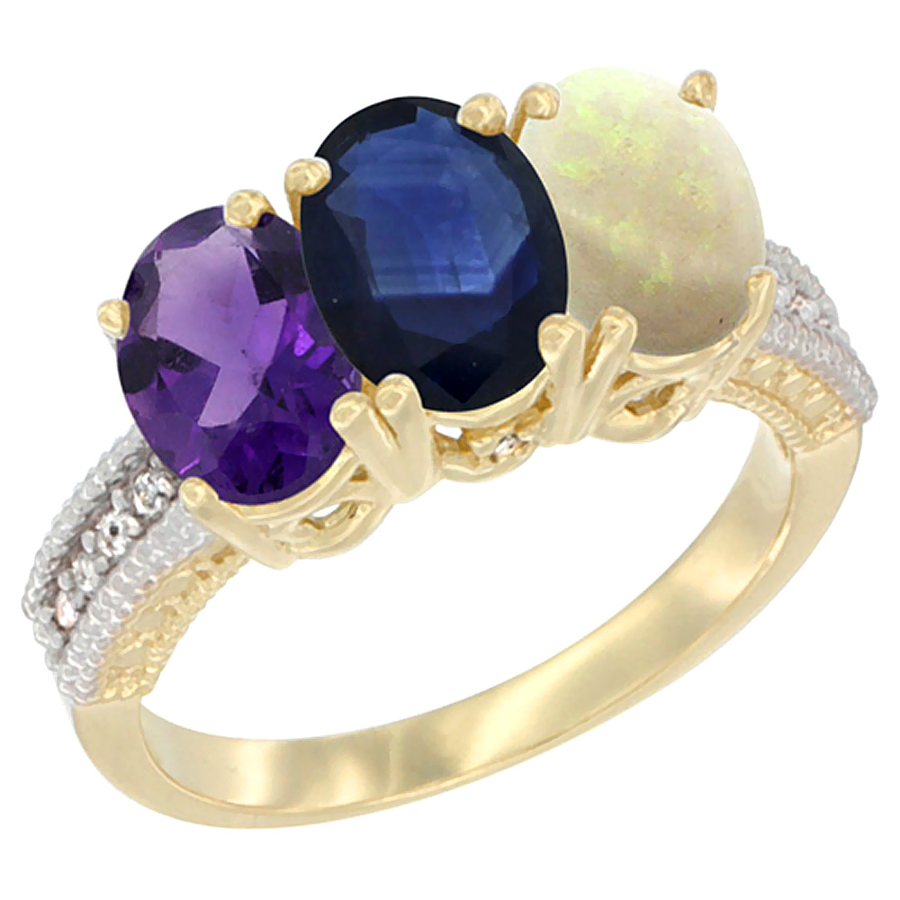 14K Yellow Gold Natural Amethyst, Blue Sapphire & Opal Ring 3-Stone 7x5 mm Oval Diamond Accent, sizes 5 - 10