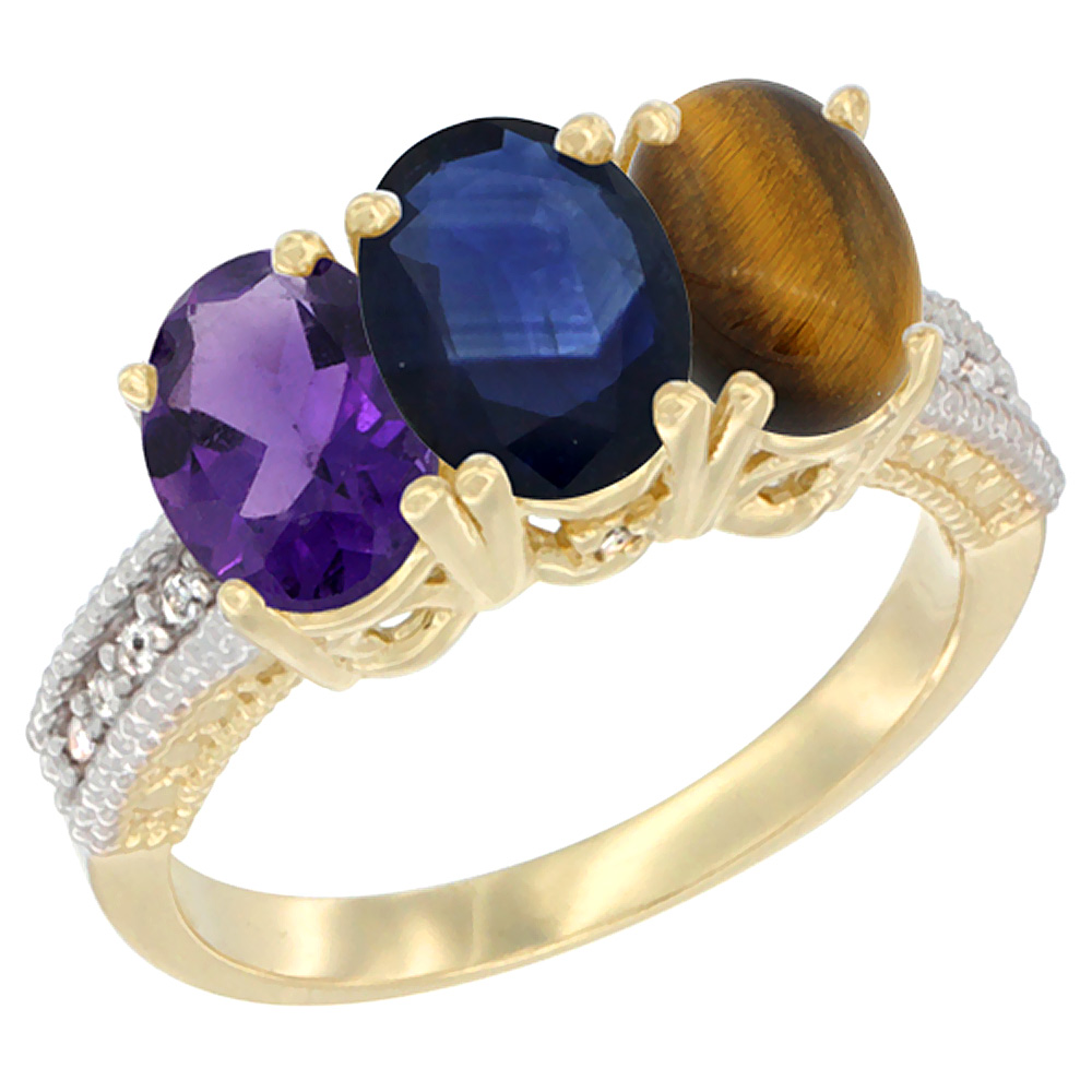 14K Yellow Gold Natural Amethyst, Blue Sapphire &amp; Tiger Eye Ring 3-Stone 7x5 mm Oval Diamond Accent, sizes 5 - 10