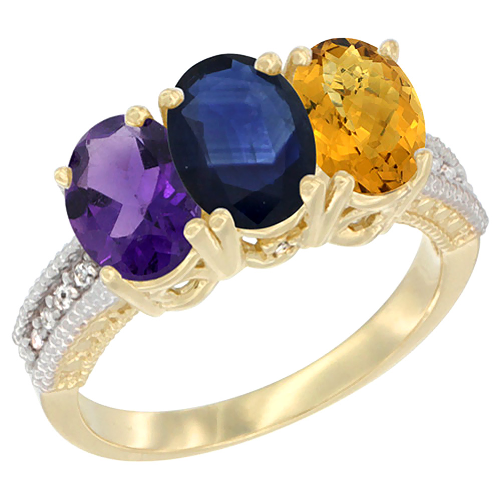 14K Yellow Gold Natural Amethyst, Blue Sapphire & Whisky Quartz Ring 3-Stone 7x5 mm Oval Diamond Accent, sizes 5 - 10