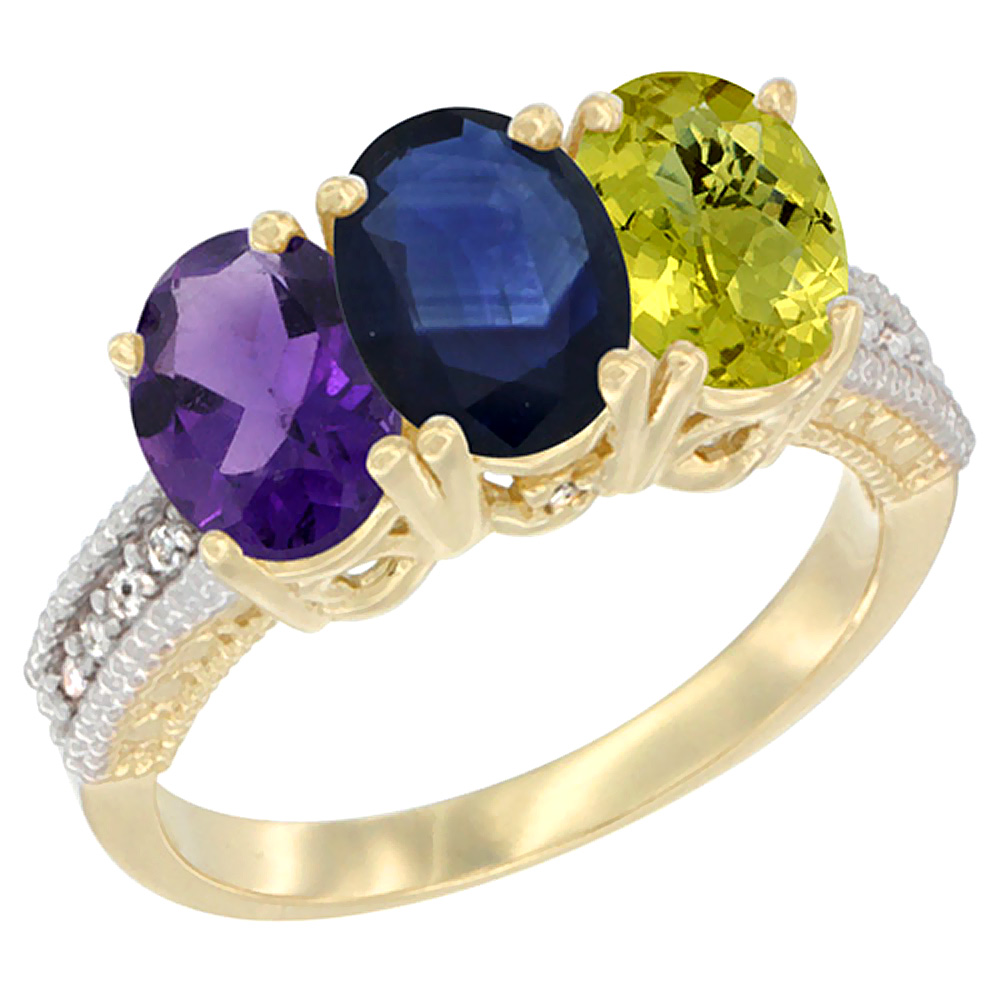 14K Yellow Gold Natural Amethyst, Blue Sapphire & Lemon Quartz Ring 3-Stone 7x5 mm Oval Diamond Accent, sizes 5 - 10