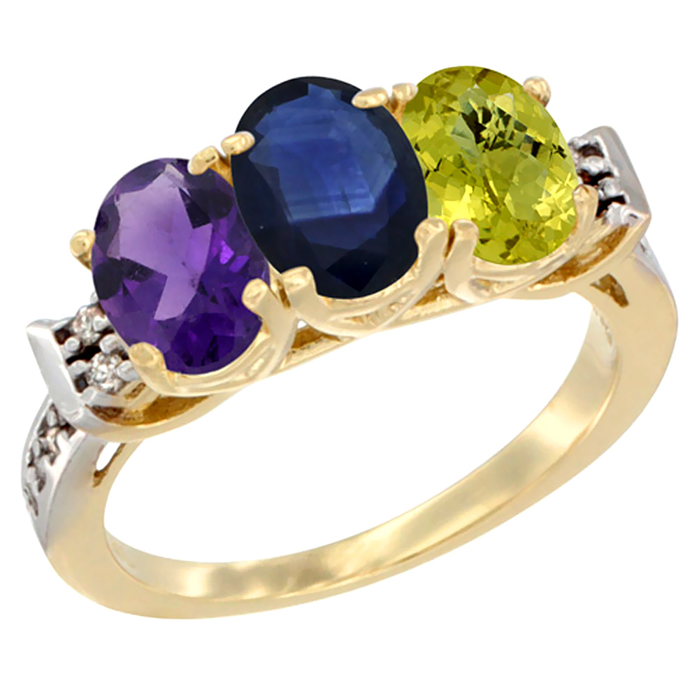 10K Yellow Gold Natural Amethyst, Blue Sapphire &amp; Lemon Quartz Ring 3-Stone Oval 7x5 mm Diamond Accent, sizes 5 - 10