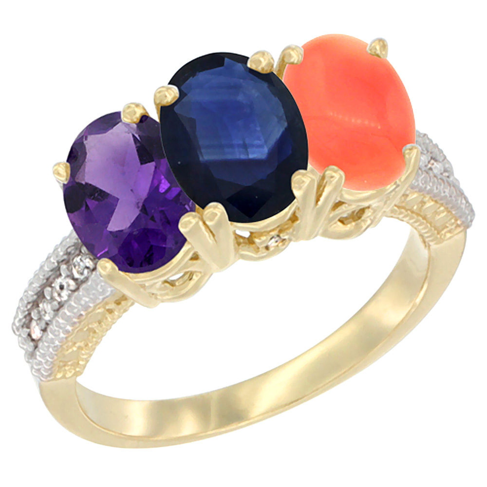 14K Yellow Gold Natural Amethyst, Blue Sapphire & Coral Ring 3-Stone 7x5 mm Oval Diamond Accent, sizes 5 - 10